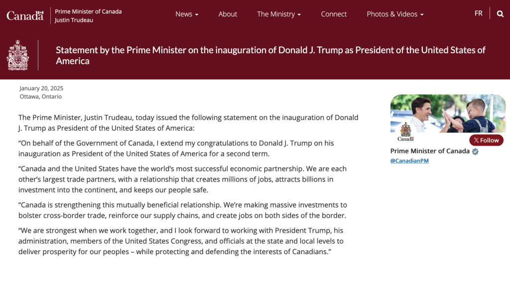 Statement by the Prime Minister on the inauguration of Donald J. Trump as President of the United States of America